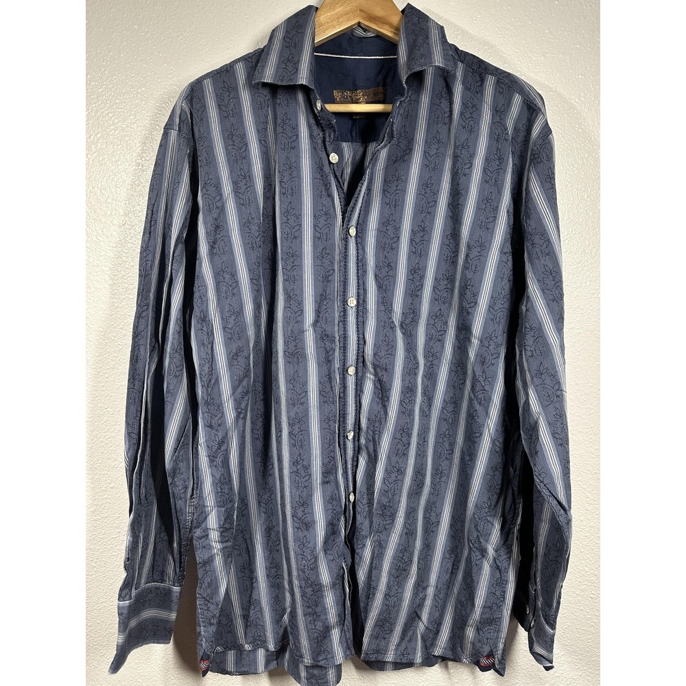 Blue Shirt Mens XL Navy Striped‎ Button Down Long Sleeve Cotton Floral Jacquard